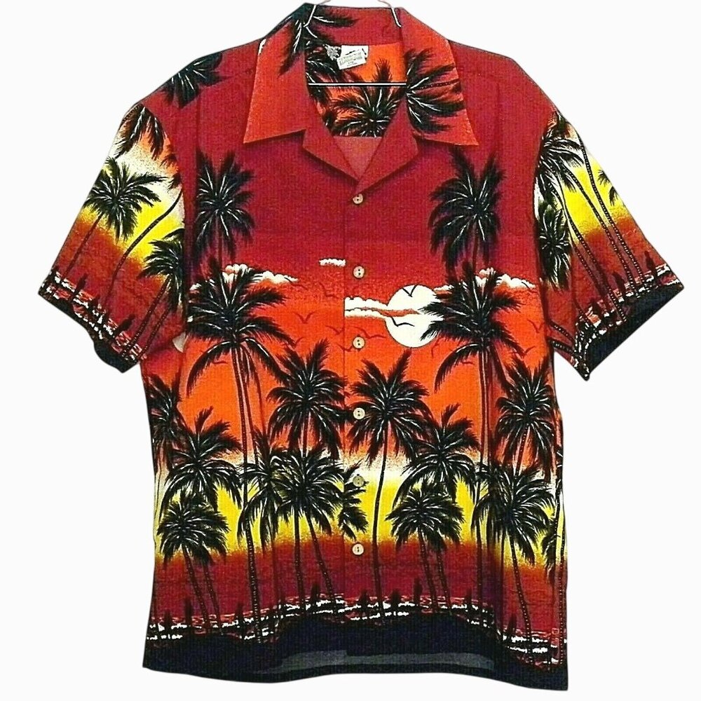 Vintage Kennington LTD Hawaiian Sunset Palm Tree Button-Up Shirt XL Tropical EUC